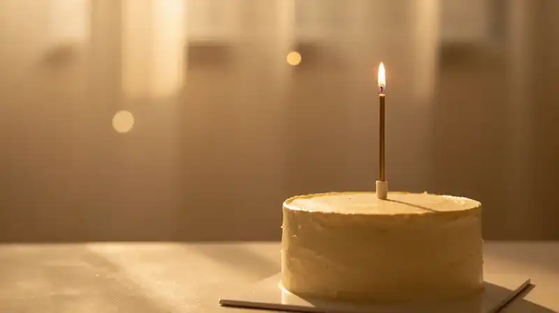 An elegant cake with a single glowing candle